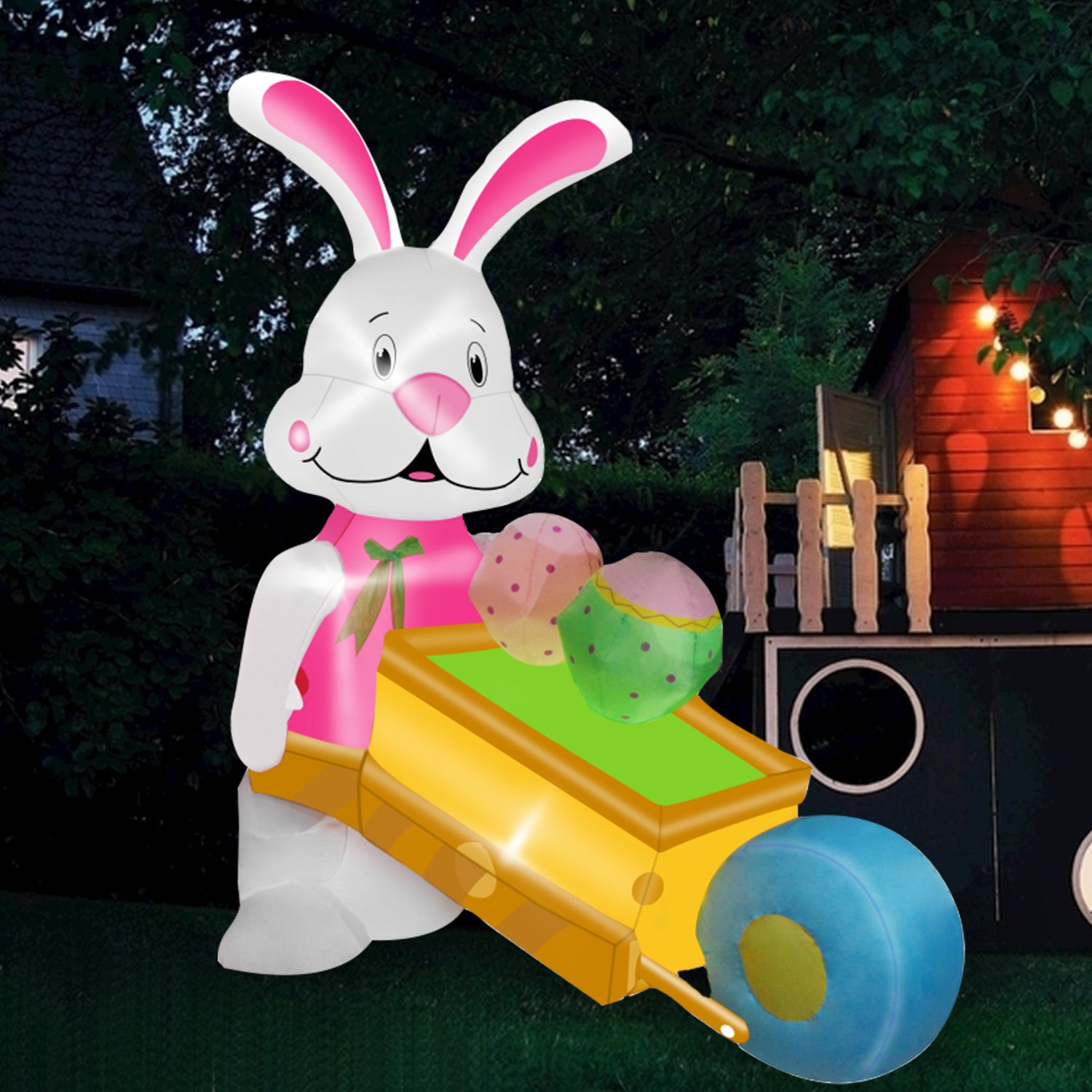 6 FT SEASONBLOW LED Light Easter Inflatable Rabbit Pushing Wheelbarrow with Eggs Decorations.