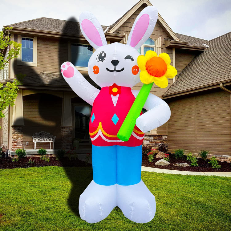 10 ft Inflatable Easter Bunny Holding Flower Decoration Blow up LED Lighted for Lawn Yard Garden Indoor Outdoor Home Holiday Party Decor