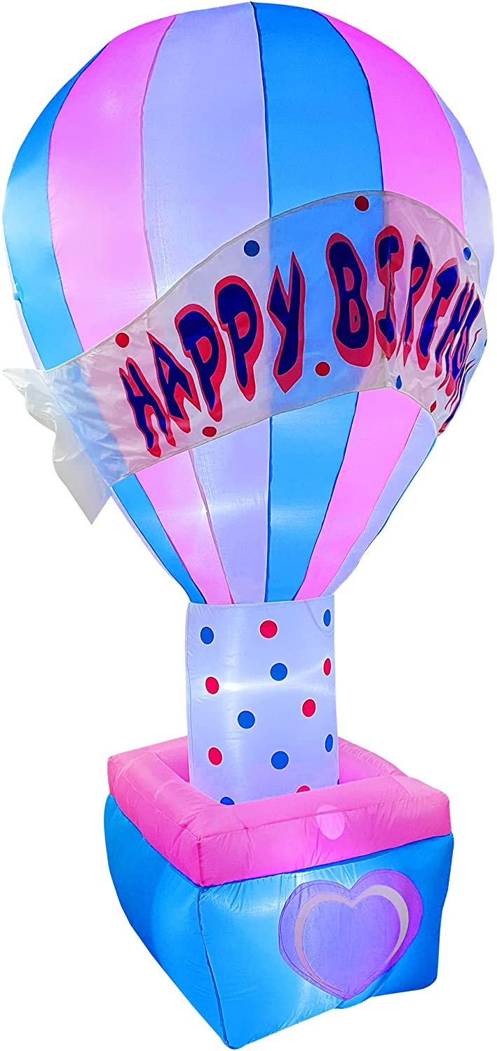 8 FT LED Light Up Inflatable Happy Birthday Blue Pink Hot Air Balloon Decoration for Birthday Party Yard Lawn Display Home Celebration