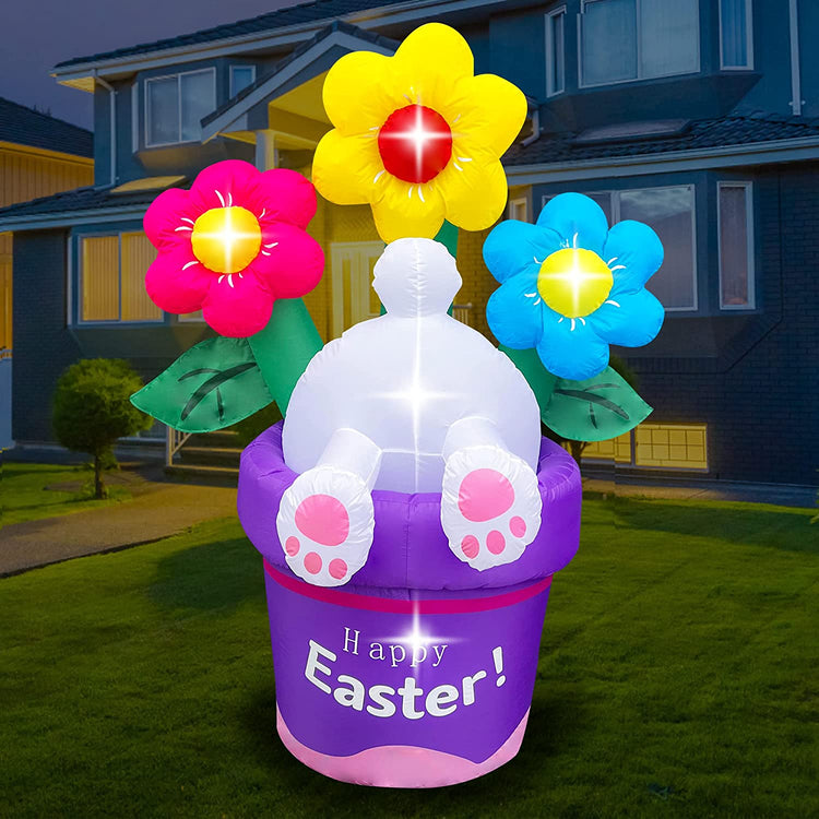 6ft Inflatable Easter Rabbit into Flower Basket Decoration LED Blow Up Lighted Decor