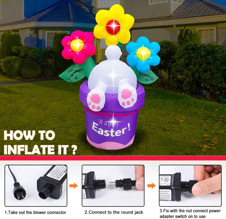 6ft Inflatable Easter Rabbit into Flower Basket Decoration LED Blow Up Lighted Decor