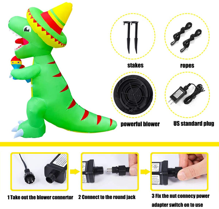 6 Ft Cinco De Mayo Day Inflatable Dinosaur with Maracas Decoration Blow up LED Lighted for Lawn Yard Garden Indoor Outdoor Home Holiday Party Decor