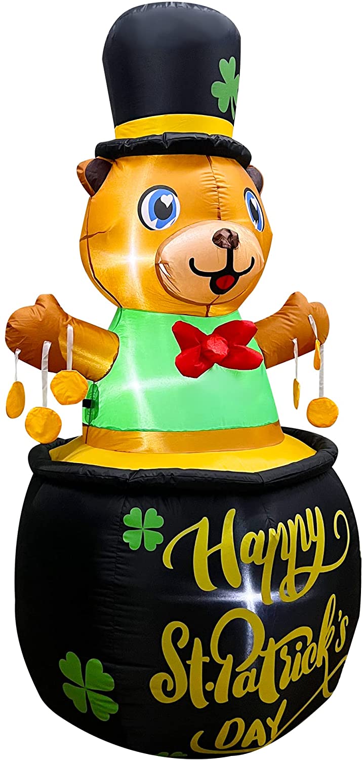SEASONBLOW 6 Ft LED Light Up Inflatable St. Patrick's Day Cute Bear Sitting on The Gold Pot Decoration