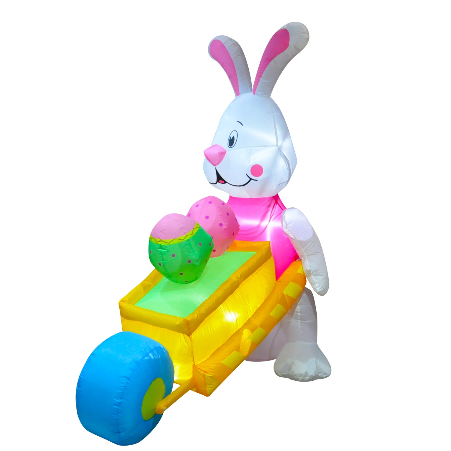 6 FT SEASONBLOW LED Light Easter Inflatable Rabbit Pushing Wheelbarrow with Eggs Decorations.