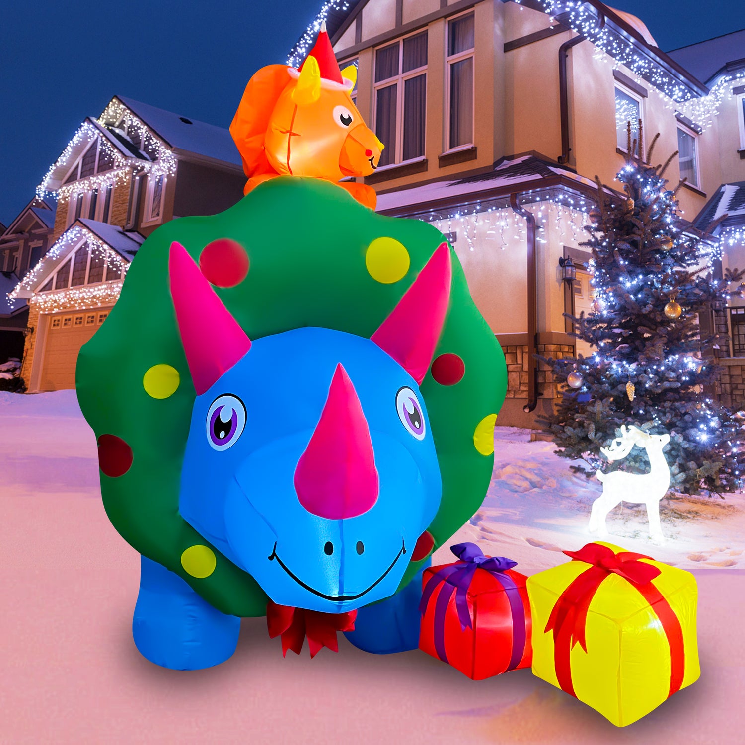 8FT Length Christmas Inflatables Triceratops Dinosaur with 2 Gift Wrap ...