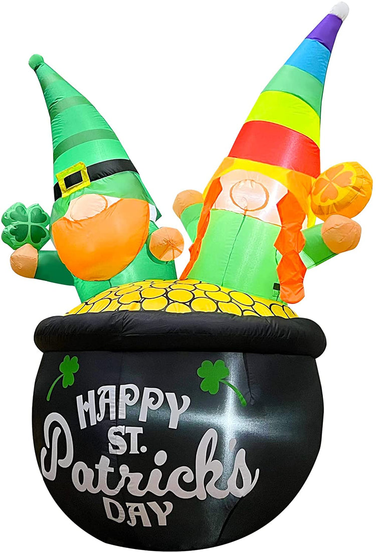 6 Ft LED Light Up Inflatable St. Patrick's Day Gnomes Couple with Shamrock Sitting in Gold Pot Decoration for Home Yard Lawn Garden Indoor Outdoor