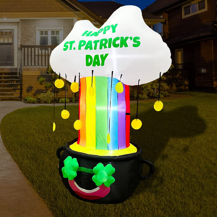 6ft Inflatable St. Patrick's Day Rainbow Cloud Jar Decoration, LED Blow Up Lighted Decor Indoor Outdoor Holiday Art Decor Decorations