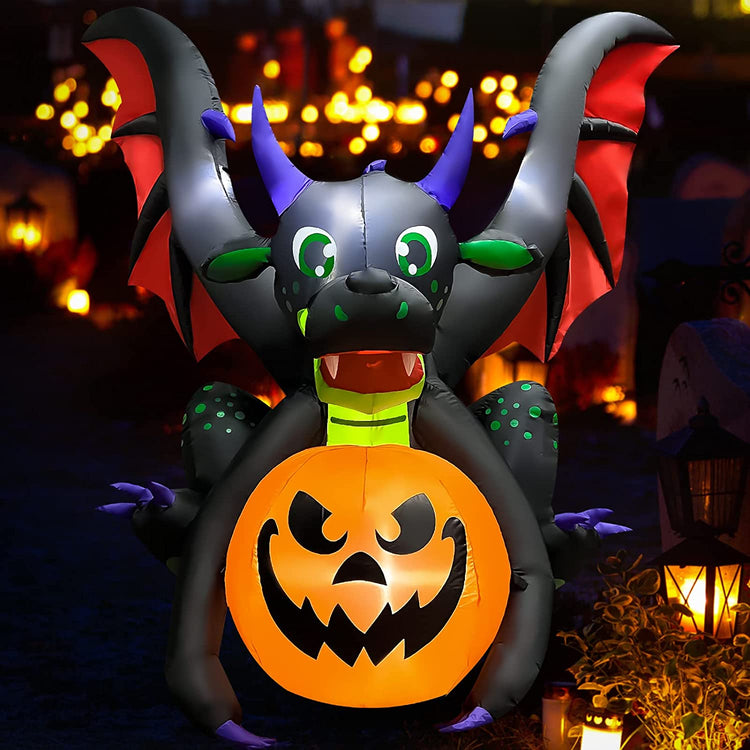 8.5 Ft Halloween Inflatables Dragon with Pumpkin Blow up Spooky Black Dragon Holiday Lighted Decoration for Indoor Outdoor & Yard Garden Lawn