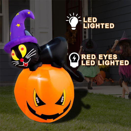 5 Ft Seasonblow Inflatable Halloween Red Eye Pumpkin Wizard Cat