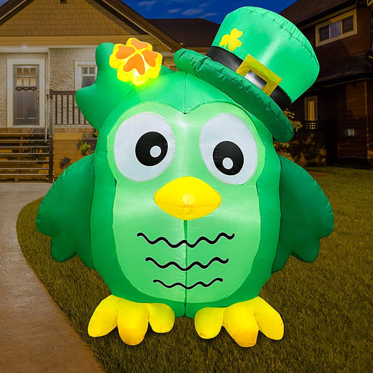 5.3ft Inflatable St. Patrick's Day Cute Owl Decoration, LED Blow Up Lighted Decor