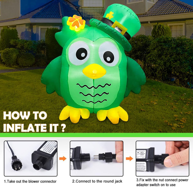 5.3ft Inflatable St. Patrick's Day Cute Owl Decoration, LED Blow Up Lighted Decor