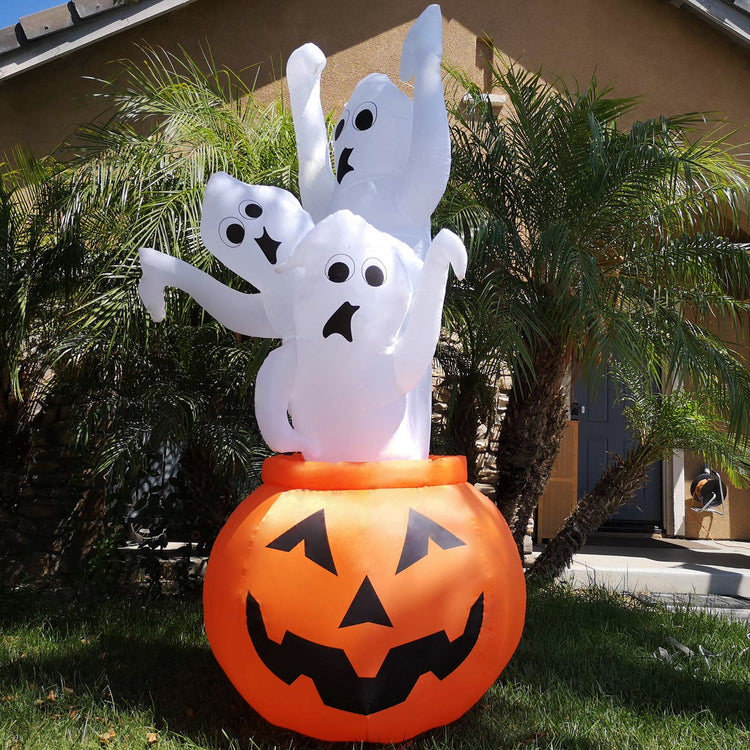 7 Ft Seasonblow Inflatable Halloween Pumpkin + 3 Ghosts