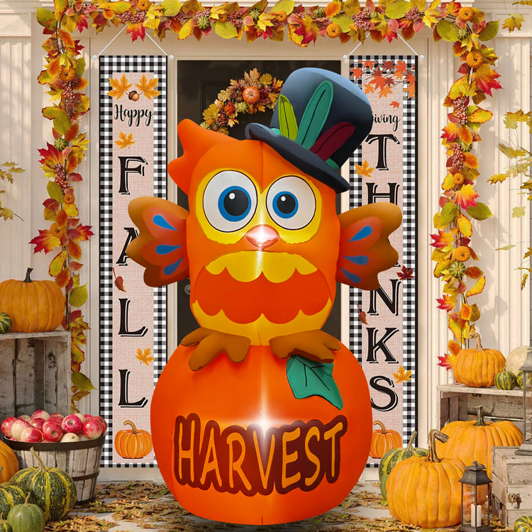 6FT Thanksgiving Inflatable Owl on Pumpkin，LED Light Up Blow Up Owl with Pilgrim Hat Decorations for Autumns Fall Thanksgiving Indoor Outdoor Lawn Holiday Decor