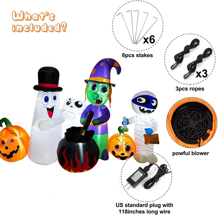 8ft Long Halloween Inflatable Decoration Witch, Ghost, Mummy with Pumpkin LED Blow Up Lighted Decor Indoor Outdoor Holiday Art Decor Decorations