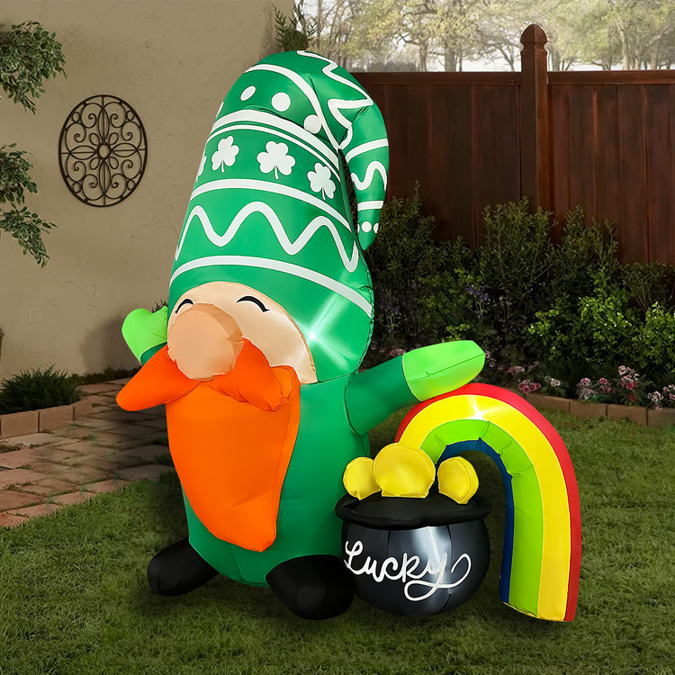 5Ft Inflatable St Patricks Day Gnome with Rainbow Pot of Gold Decoration, LED Light Up Blow up Gnome for Home Yard Lawn Garden Indoor Outdoor Party Holiday Decor