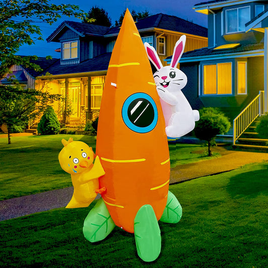 6 Ft Easter Inflatable Carrot Rocket Bunny Chick Decorations Build-in LEDs Blow Up for Holiday Yard Garden Indoor Outdoor Decor