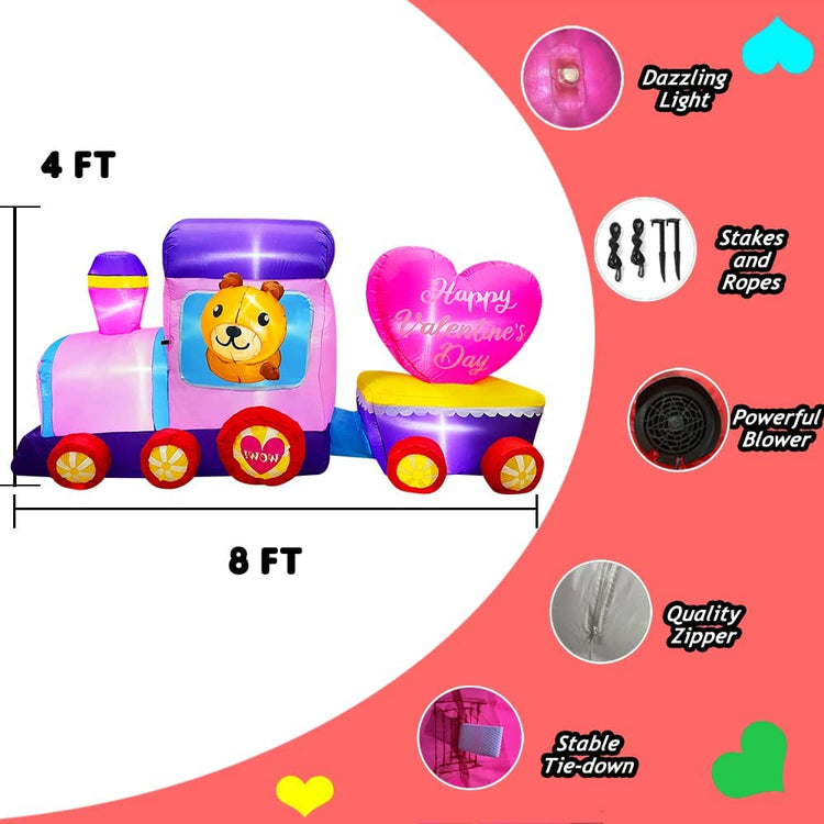 8 FT Inlflatable Valentine's Day Train with Bear Heart LED Light Up Decoration