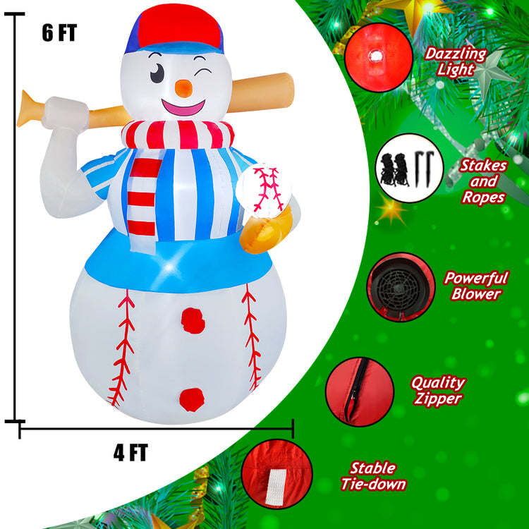 6 FT LED Light Up Inflatable Christmas Baseball Snowman Decoration