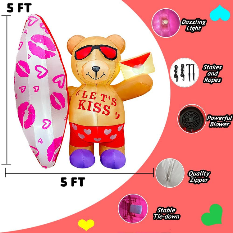 5FT Valentine's Day Inflatable Hawaiian Bear with Skateboard Decoration