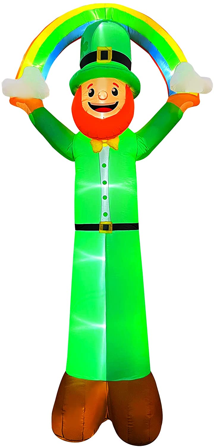 12 Ft LED Light Up Inflatable St. Patrick's Day Leprechaun Holding a Rainbow Decoration