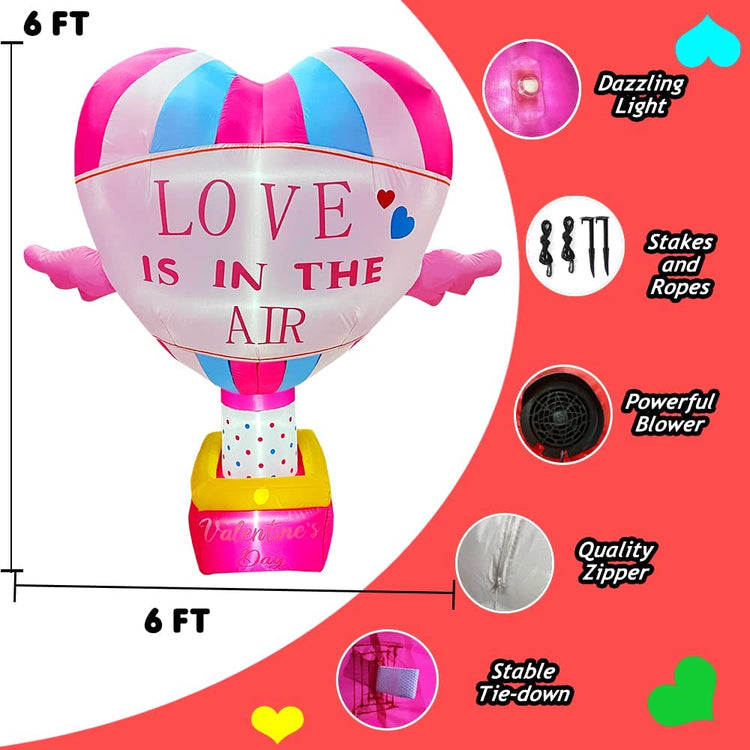 6 FT Inlflatable Valentine's Day Heart Hot Air Balloon LED Lighted Decoration