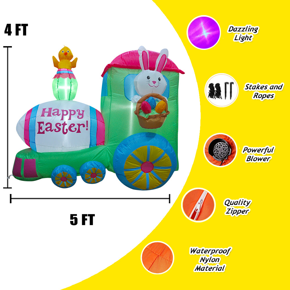 5FT SEASONBLOW Inflatable Easter Train with Bunny Basket Colorful Eggs Decorations.