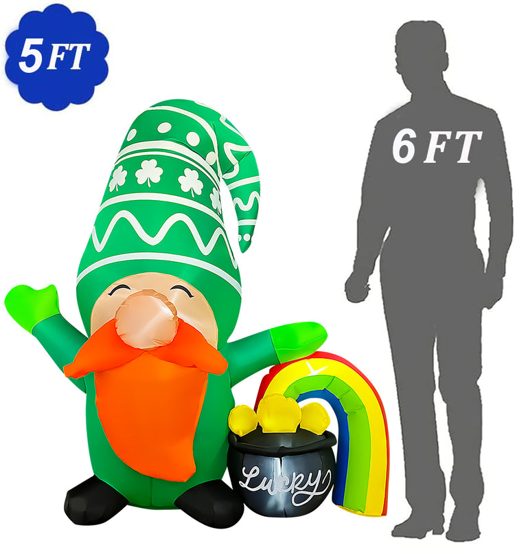 5Ft Inflatable St Patricks Day Gnome with Rainbow Pot of Gold Decoration, LED Light Up Blow up Gnome for Home Yard Lawn Garden Indoor Outdoor Party Holiday Decor