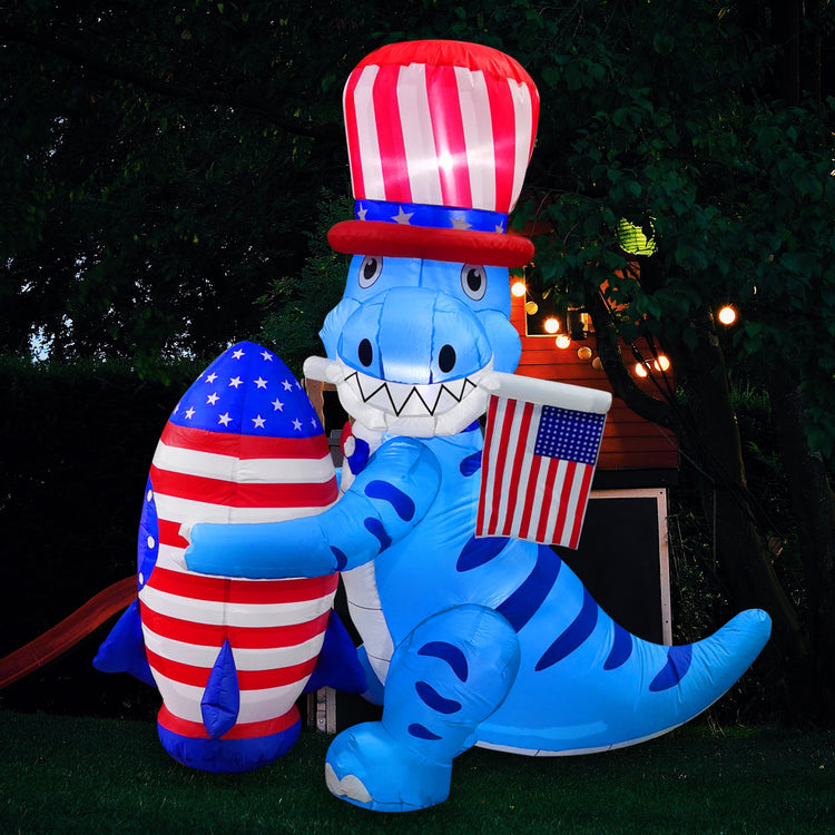 5 FT Independence Day Inflatable Dinosaur Holding a Rocket Decorations Patriotic 4th of July for Home Yard Lawn Garden Indoor Outdoor Decorat