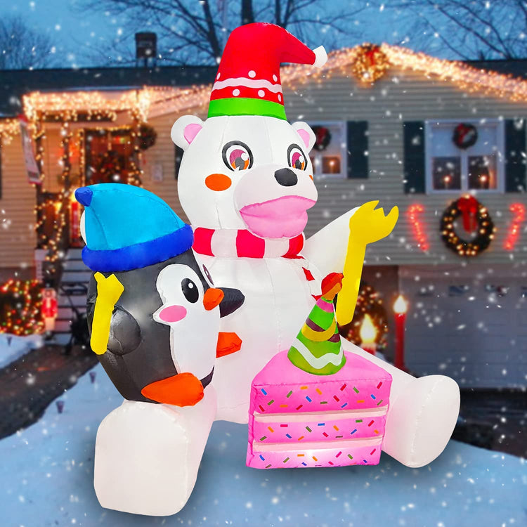 5ft Seasonblow Inflatable Christmas Polar Bear with Penguin Eat Cake Decoration