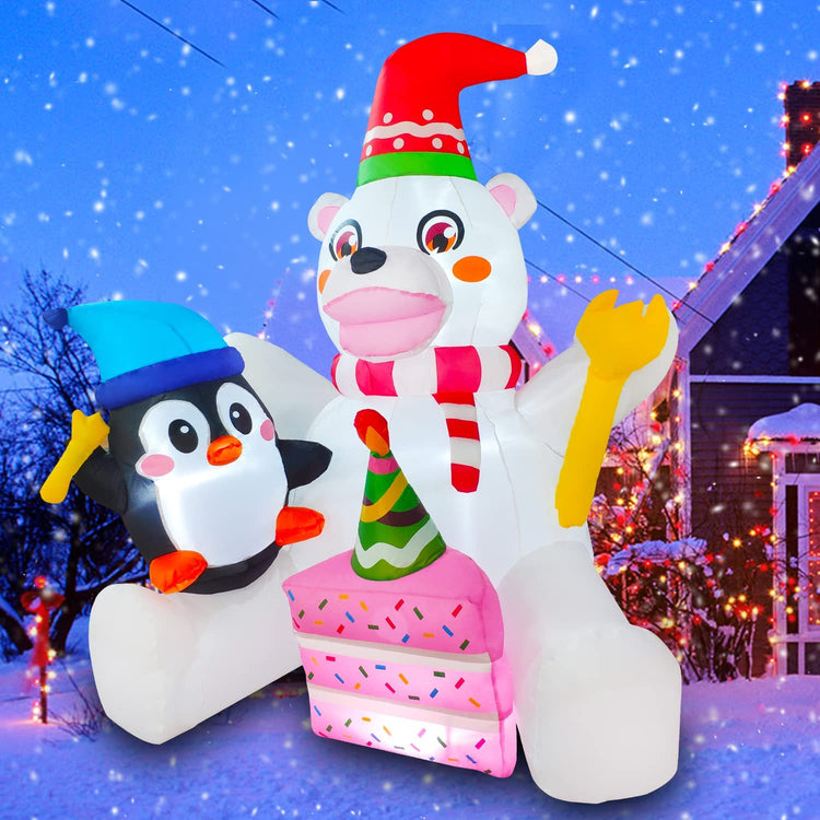 5ft Seasonblow Inflatable Christmas Polar Bear with Penguin Eat Cake Decoration