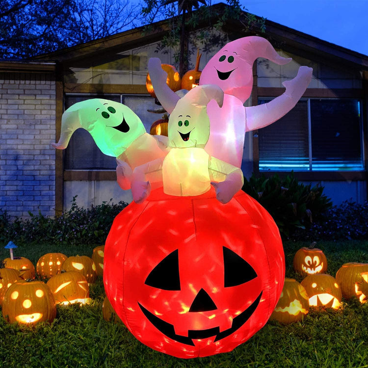 6Ft Seasonblow Halloween Inflatable Funny White Ghost on Pumpkin