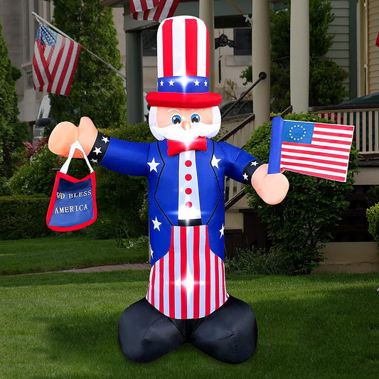 7ft Inflatable Patriotic Uncle Sam Holding Flag July 4th LED Blow Up Lighted Decor Indoor Outdoor Holiday Art Decor Decorations