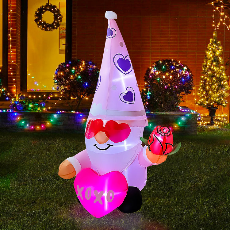4 Ft Valentine's Day Inflatable Pink Gnome with Rose Light Up Decoration