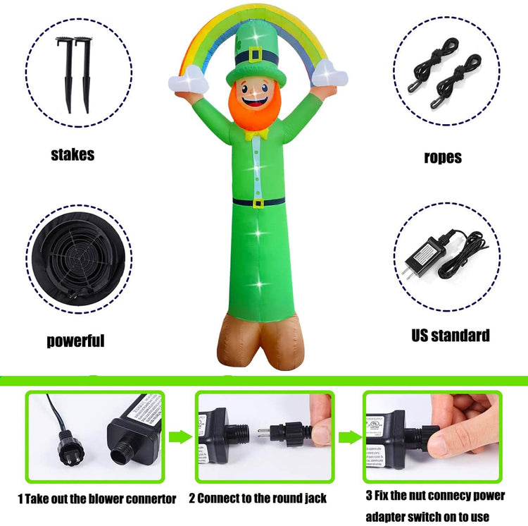 12 Ft LED Light Up Inflatable St. Patrick's Day Leprechaun Holding a Rainbow Decoration