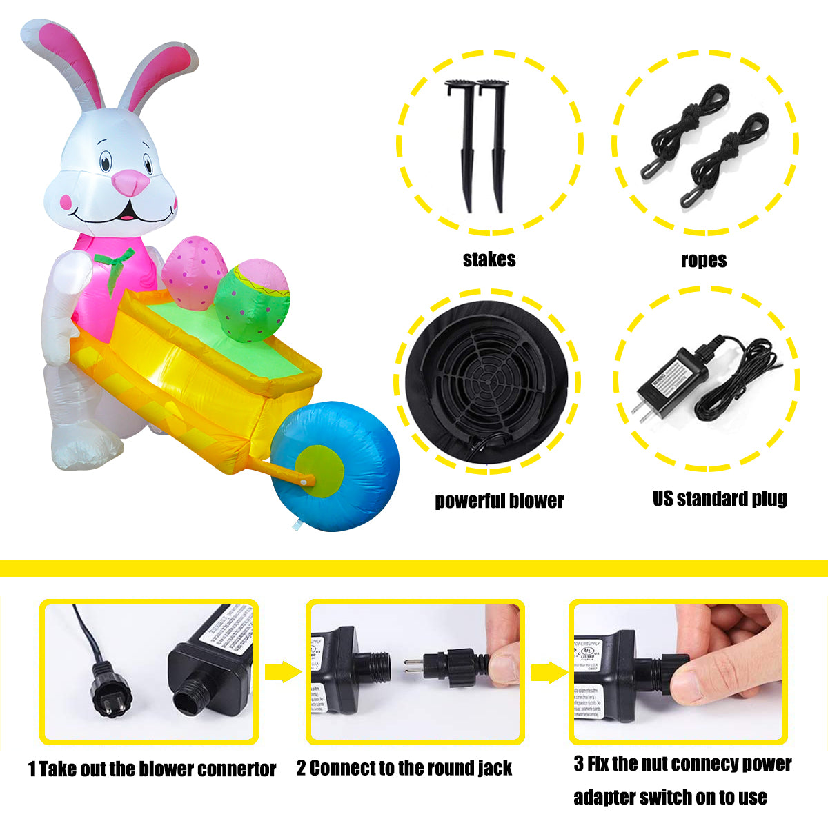 6 FT SEASONBLOW LED Light Easter Inflatable Rabbit Pushing Wheelbarrow with Eggs Decorations.