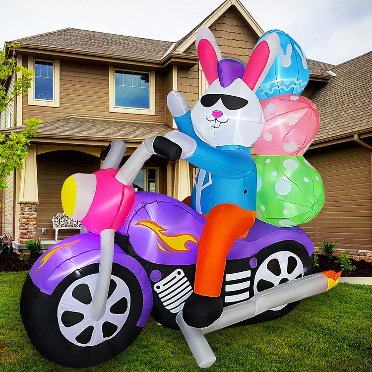 6 FT Easter Inflatable Bunny Riding Motorcycle with Eggs Decorations LED Light Blow Up Rabbit for Yard Lawn Garden Home Outdoor Indoor Holiday Decor