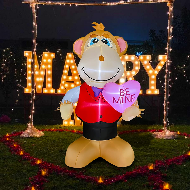 4 FT Valentine Inflatable Monkey Holding Heart LED Lighted Decoration for Birthday Wedding Yard Lawn Garden Home Party