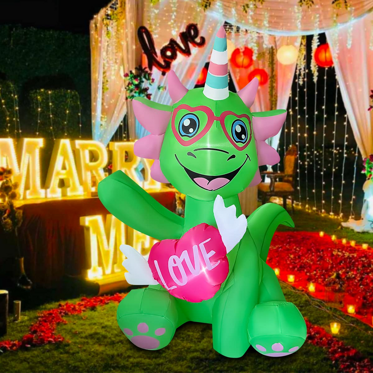 5 FT Valentine Inflatable Dragon Holding Flying Heart LED Lighted Decoration for Birthday Wedding Yard Lawn Garden Home Party