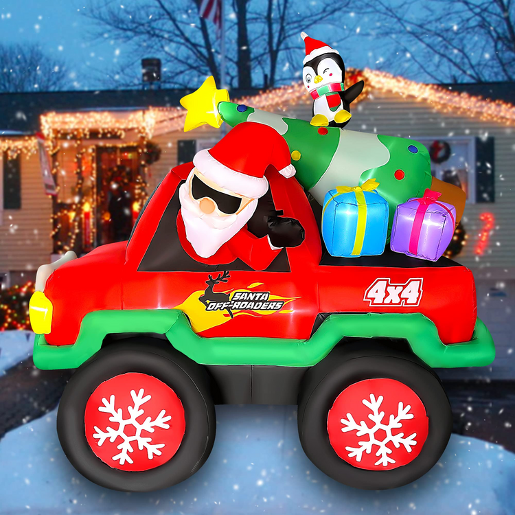 7 Ft Inflatable Christmas Santa Claus Driving a Truck with Christmas Tree Penguin Gift Boxes Decor LED Lighted for Yard Lawn Garden Home Party