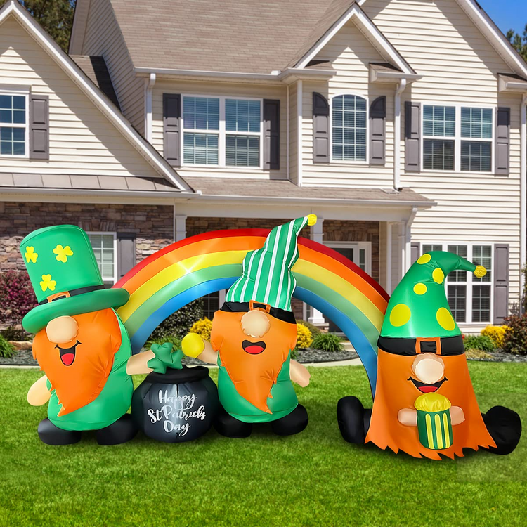 8ft Inflatable St. Patrick's Day 3 Gnomes with Rainbow Decoration, LED Blow Up Lighted Decor Indoor Outdoor Holiday Art Decor Decorations Clearance