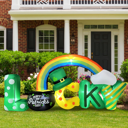 6.5 Foot Long St. Patrick Day Inflatable Lucky Letters with Gold Pot and Rainbow Decoration for Indoor Outdoor Blow Up Lawn Yard Decor