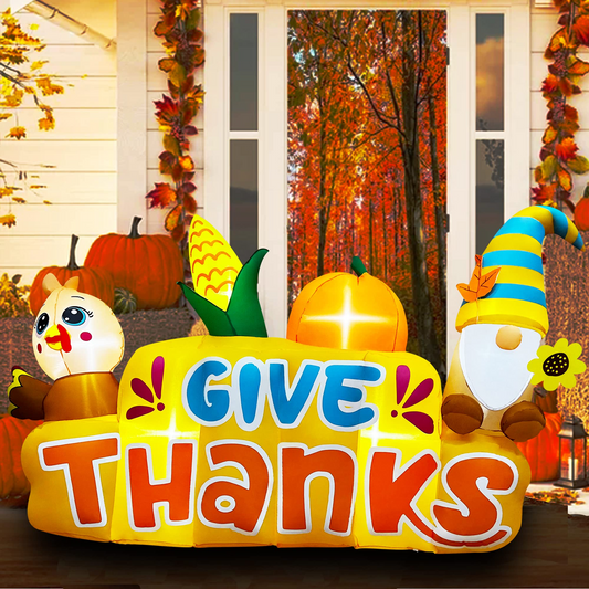 SEASONBLOW 7.8 Ft Thanksgiving Inflatable Banner with Turkey and Gnome Decorations Build-in LEDs Blow Up for Yard Lawn Garden Home Party Indoor Outdoor