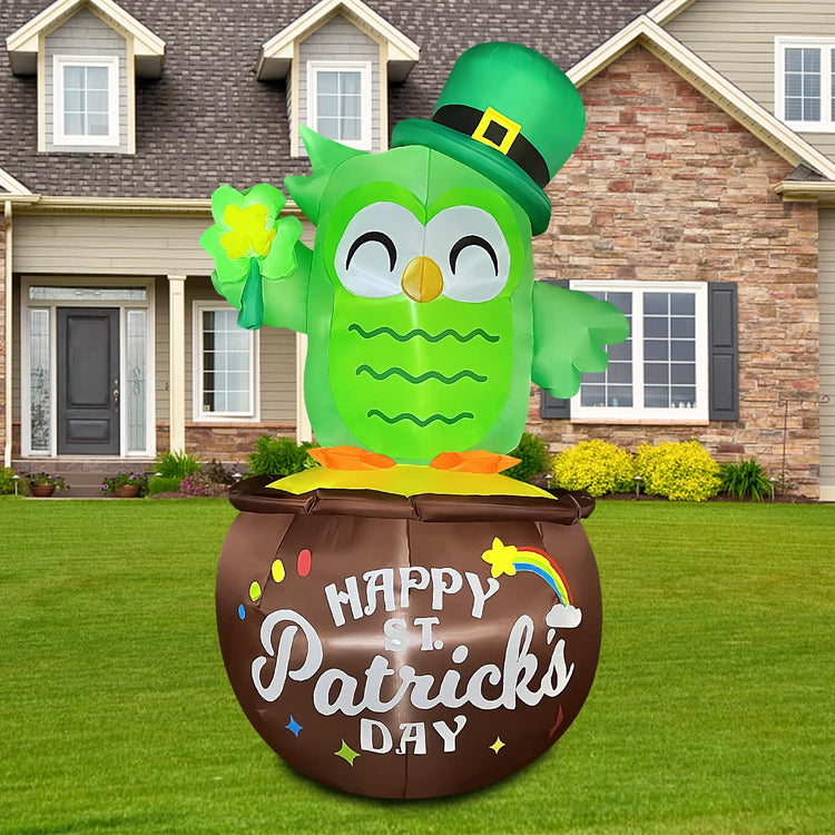6ft Tall St. Patrick Day Inflatable Owl with The Gold Pot Decoration for Yard Garden, Indoor and Outdoor Theme Party Decor, Yard, Garden, Lawn Decor with LED Light Build-in
