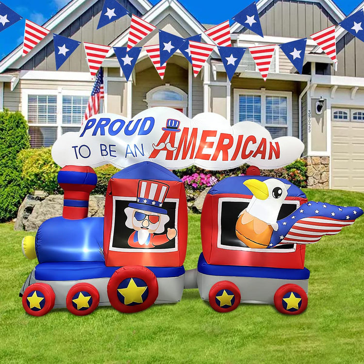 8 FT Independence Day Inflatable Uncle Sam Sitting on Train with Eagle Decorations Patriotic 4th of July for Home Yard Lawn Garden