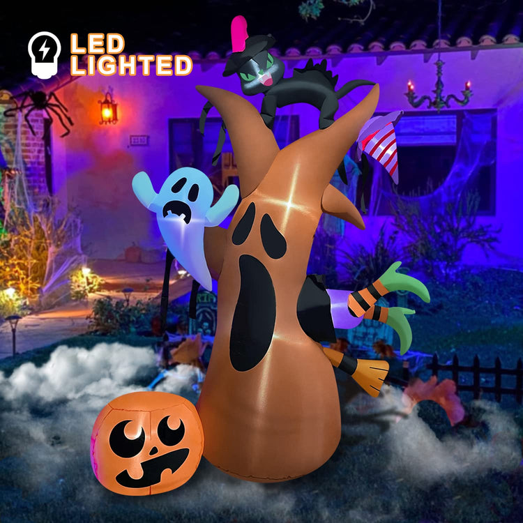 8 Ft Halloween Inflatable Witch Hits Dead Tree with Ghosts Pumpkins and Black Cat Decoration Blow up Decor for Lawn Patio Indoor Outdoor Home Yard Party