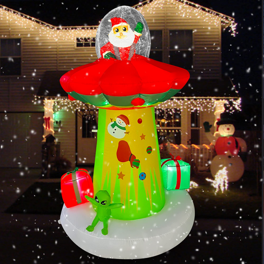 6 Ft LED Light Up Inflatable Christmas Santa Claus in UFO with Gift Boxes Decoration for Yard Lawn Garden Home Party Indoor Outdoor