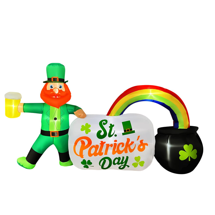 8 Ft Length Inflatable St. Patrick's Day Leprechaun Holding a Beer with Rainbow Pot Decoration,Blow Up St. Patrick's Day Sign Built in LED Lights for Lawn Indoor Outdoor Holiday Party