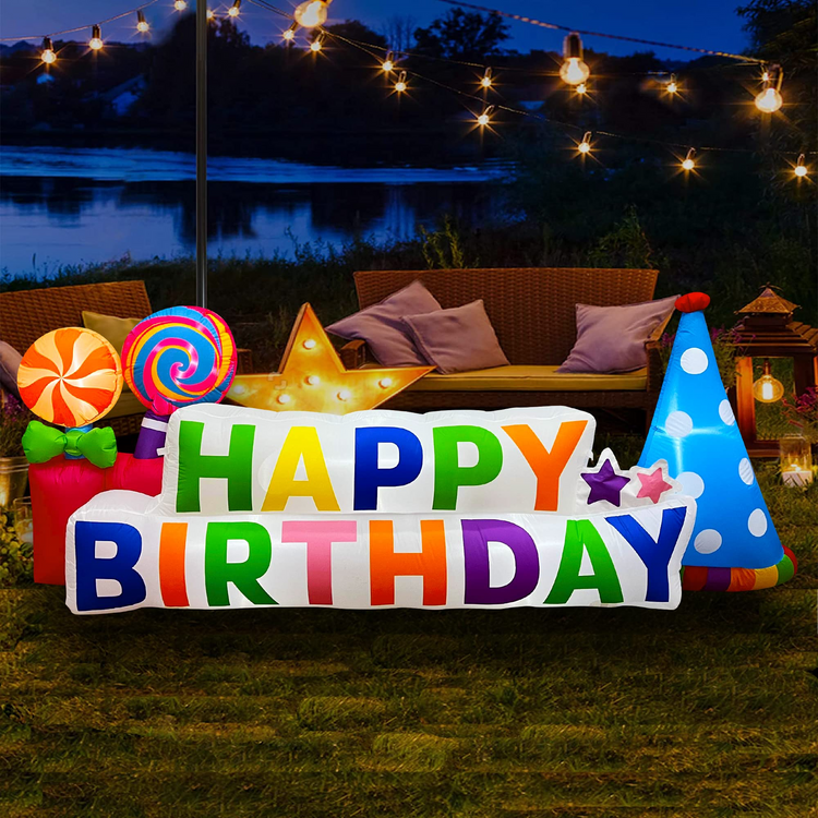 9 FT LED Light Up Inflatable Happy Birthday with with Candy and Characters Decoration Build-in LEDs for Birthday Party Yard Lawn Display Home Celebration
