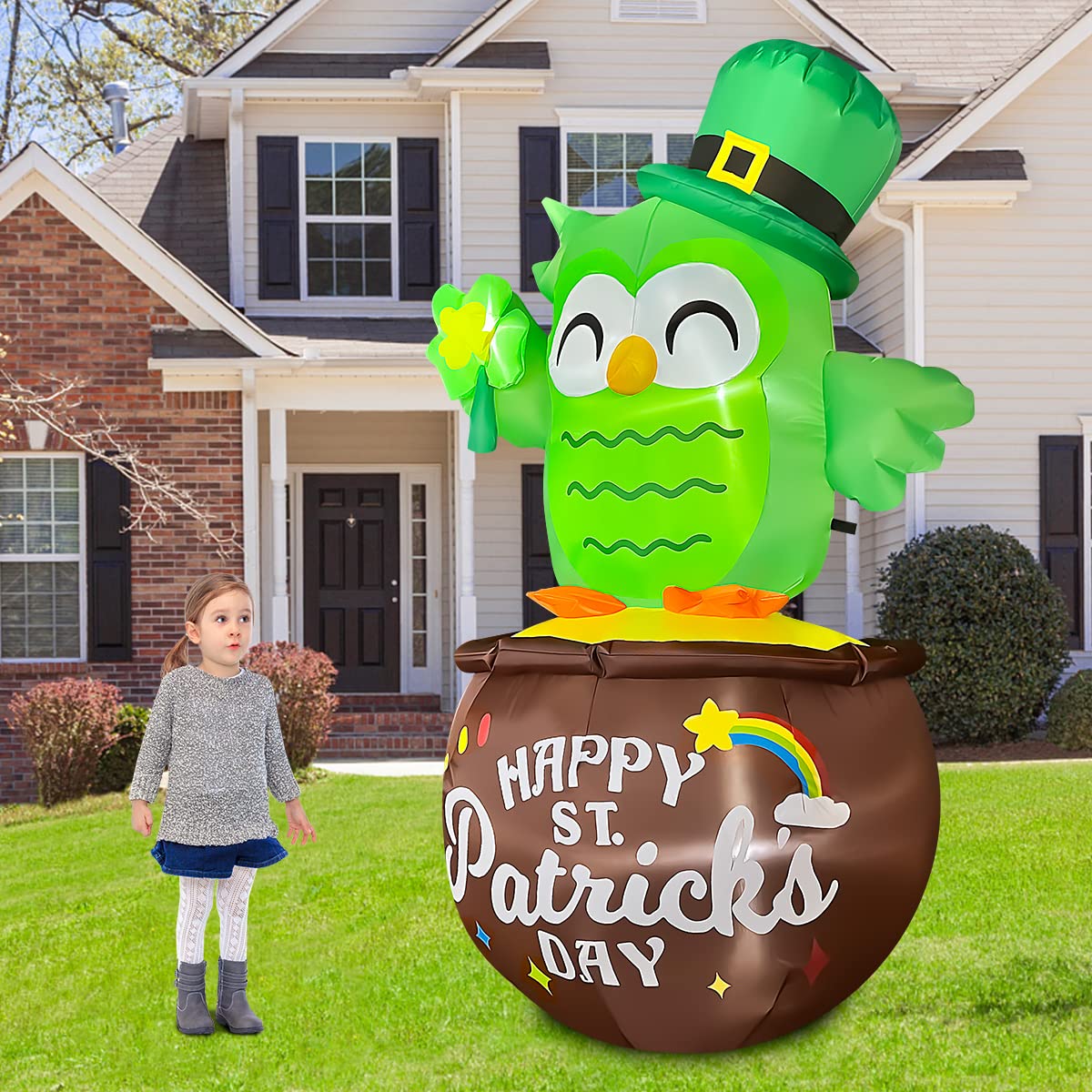 6ft Tall St. Patrick Day Inflatable Owl with The Gold Pot Decoration f ...