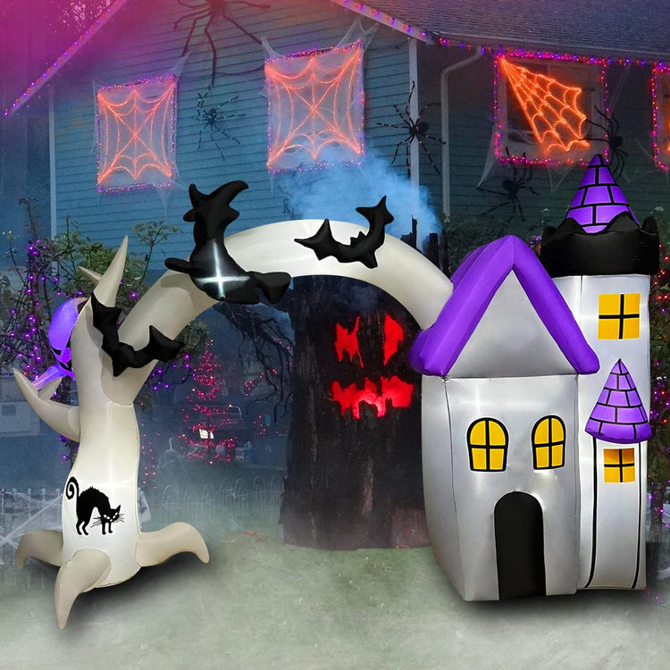 10 FT Halloween Inflatable Castle Archway with Ghost, Witch and Bat Decoration Build-in LEDs Blow Up for Indoor Outdoor Yard Garden Lawn
